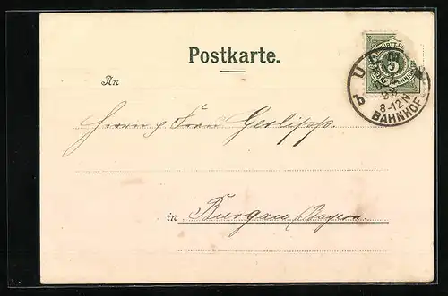 Lithographie Ulm, Uferpartie mit Münster, Neujahrsgruss