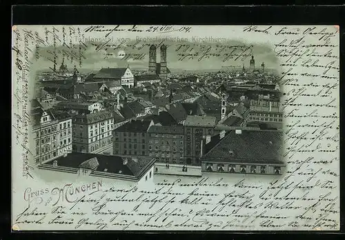 Mondschein-Lithographie München, Totalansicht vom Protestantischen Kirchturm