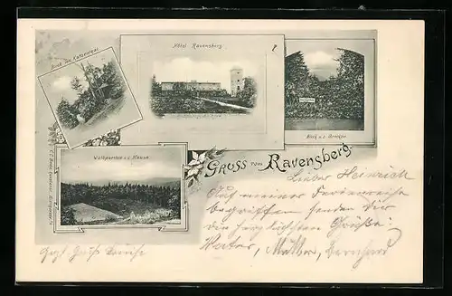 AK Bad Sachsa, Gasthaus Ravensberg, Waldpartie v. d. Hause, Blick n. d. Brocken