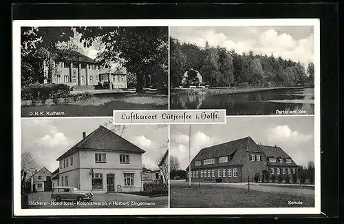 AK Lütjensee i. Holst., D. R. K. Kurheim, Bäckerei u. Kolonialwarengeschäft von Herbert Zingelmann, Schule