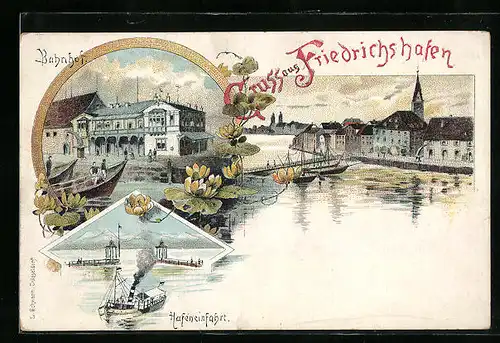 Lithographie Friedrichshafen, Grusskarte mit dem Bahnhof und der Hafeneinfahrt