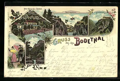 Lithographie Thale, Hotel Königsruhe im Bodethal, Rosstrappfelsen, Hexentanzplatz