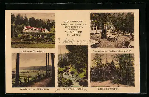 AK Bad Harzburg, Hotel und Restaurant zum Silberborn, Bes. Th. Müller, Silberborn-Quelle, Elfenstein-Klippen