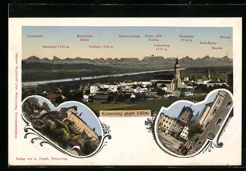 AK Tittmoning, Ortsansicht gegen Süden mit Watzmann, Geisberg und Schafberg