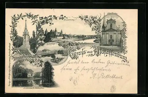 AK Aschaffenburg, Bahnhof, Oesterreicher-Denkmal, Pfarrkirche