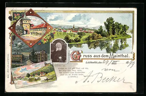 Lithographie Lichtenfels, Einsiedler Ivo, Strassenpartie mit Stadttor, Panorama