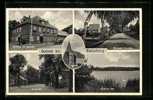 AK Gudow bei Ratzeburg, Büchener Chaussee, Dorfstrasse, Gasthaus Ad. Schmidt