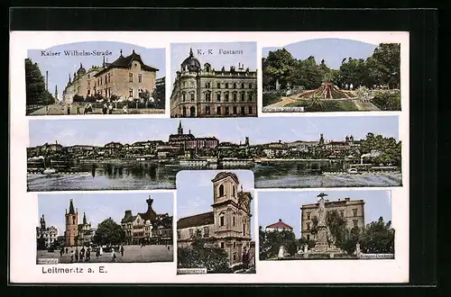 AK Leitmeritz / Litomerice, K. K. Postamt, Stadtplatz, Kriegerdenkmal, Partie im Stadtpark