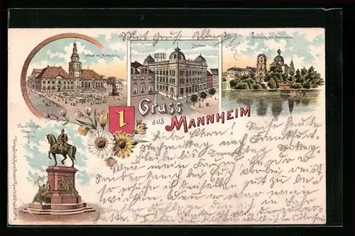 Lithographie Mannheim, Rathaus mit Marktplatz, Kaiser Wilhelm Denkmal, Stadtpark mit Sternwarte