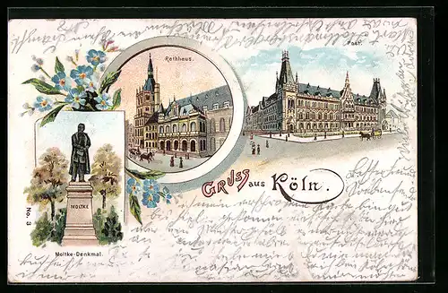 Lithographie Köln, Rathaus, Moltke-Denkmal und Post