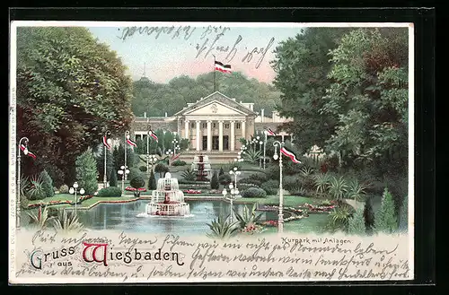 Lithographie Wiesbaden, Kurpark mit Anlagen