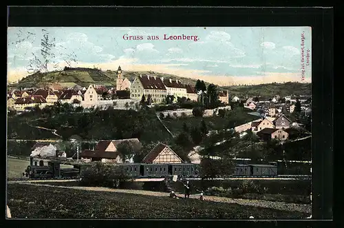 AK Leonberg, Gesamtansicht, Eisenbahn