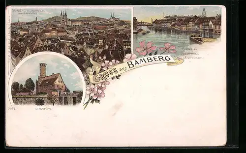 Lithographie Bamberg, Altenburg, Parthie an der Pegnitz, Teilansicht
