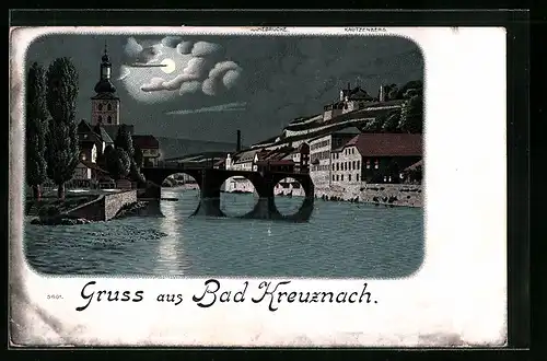 Lithographie Bad Kreuznach, Teilansicht mit Nahebrücke und Kautzenberg