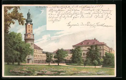 Lithographie Weimar, Parkpartie mit Uhrenturm