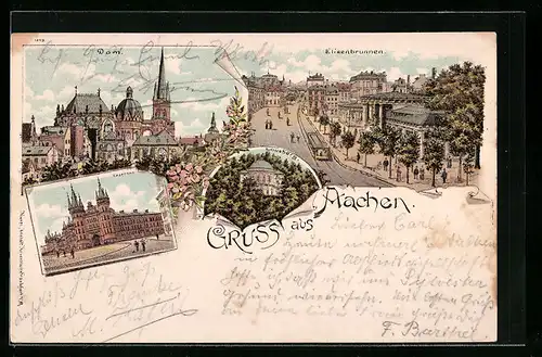 Lithographie Aachen, Elisenbrunnen, Dom, Kasernen, Strassenbahn