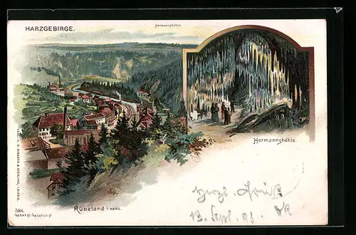 Lithographie Rübeland i. Harz, Ortsansicht, Hermannshöhle