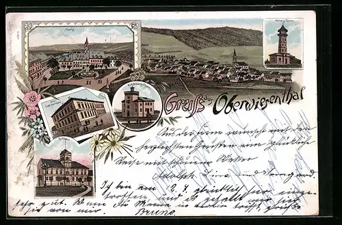 Lithographie Oberwiesenthal, Hotel Stadt Carlsbad, Markt, Teilansicht, Keilberg Thurm