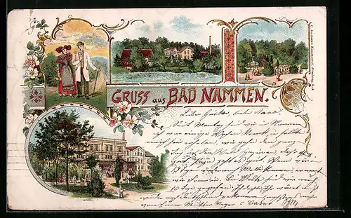 Lithographie Bad Nammen, Kurhaus mit Gästen, Paar in Tracht