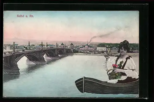 AK Kastel am Rhein, Ansicht Rheinbrücke mit Blick zur Stadt