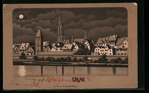 Lithographie Ulm a. D., Teilansicht im Mondlicht, Münster