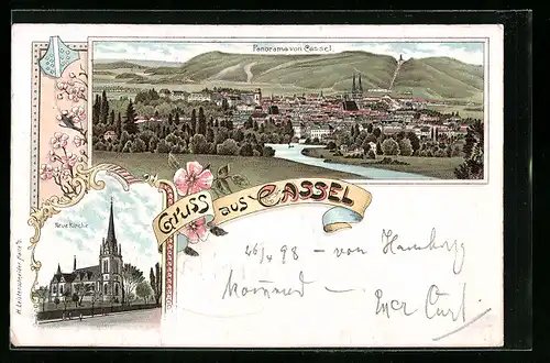 Lithographie Cassel, Neue Kirche, Panorama mit Flusslauf