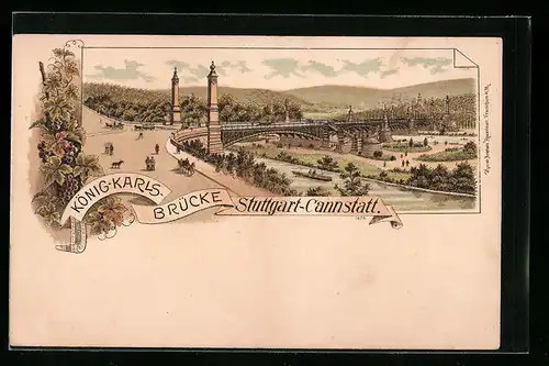 Lithographie Stuttgart-Cannstatt, König-Karls-Brücke