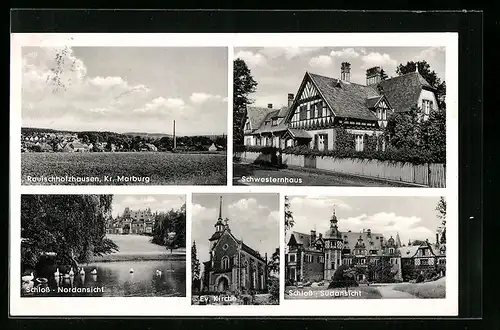 AK Rauischholzhausen /Kr. Marburg, Schwesternhaus, Schloss Südansicht, Evangelische Kirche