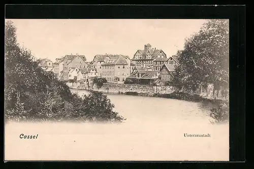 AK Kassel, Blick auf die Häuser in der Unterneustadt am Fuldaufer