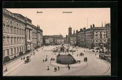 AK Berlin, Schlossplatz mit Brunnen und Strassenbahn