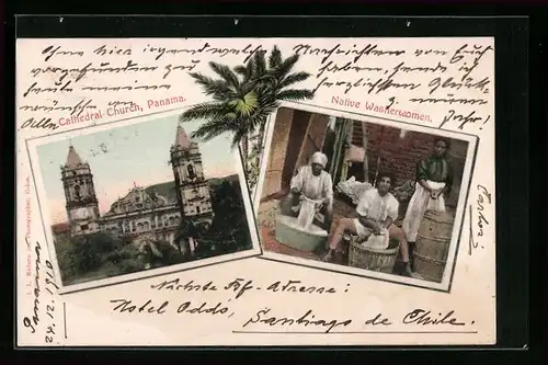 AK Panama, Cathedral Church, Native Washerwomen
