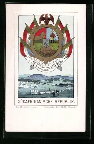 Lithographie Südafrikanische Republik, Wappen und Landschaft