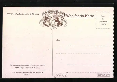 Künstler-AK Gerdauen, Zerstörte Kirchstrasse mit Kirche