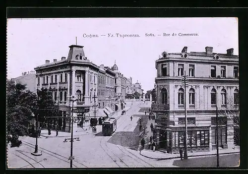 AK Sofia, Rue de Commerce, Strassenpartie mit Strassenbahn