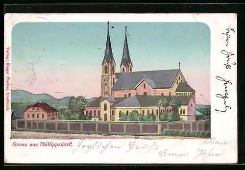 AK Phillippsdorf, Kirche mit leuchtenden Fenstern