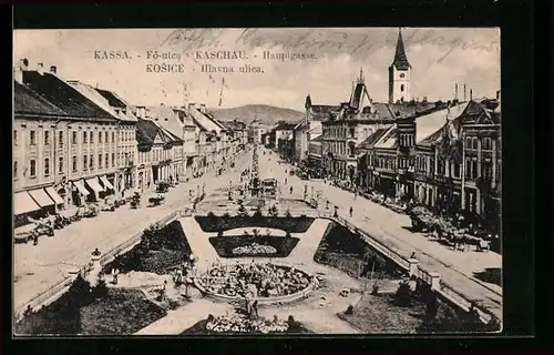 AK Kaschau, Strasse Hauptgasse mit Denkmal
