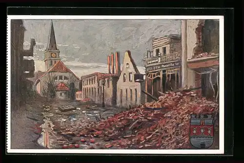 Künstler-AK Pillkallen, Die zerstörte Bahnhofstrasse und die Kirche