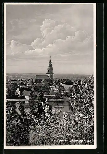 AK Crossen, Ortsansicht im Blütenschmuck