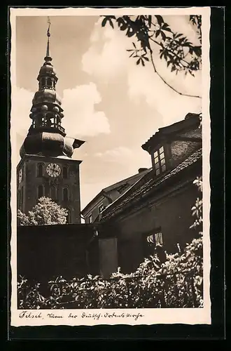 AK Tilsit, Blick auf den Turm der Deutschen Ordenskirche