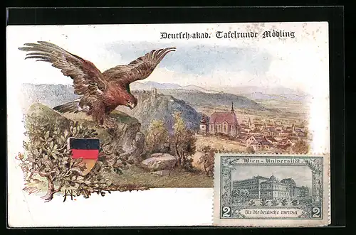 Künstler-AK Mödling, Adler hebt zum Flug an, Blick auf den Ort