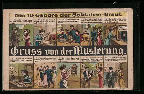 AK Gruss von der Musterung, die 10 Gebote der Soldaten-Braut