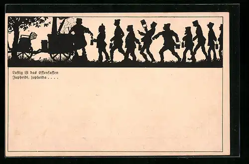 Künstler-AK Schattenriss von Soldaten beim Essenfassen