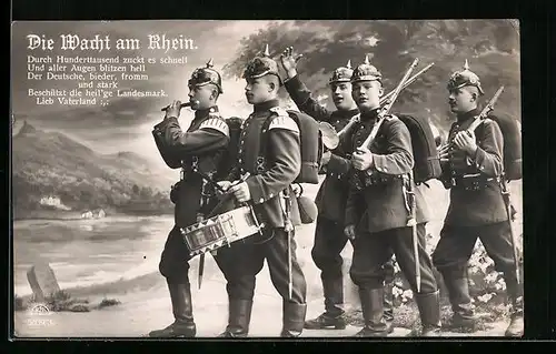 AK Die Wacht am Rhein, Soldaten mit Trommel und Flöte
