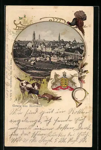 Passepartout-Lithographie Rottweil, Ortsansicht mit Wappen und Jagdmotiv