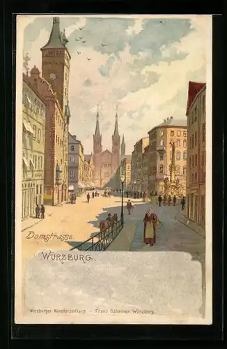 Lithographie Würzburg, Domstrasse mit Passanten