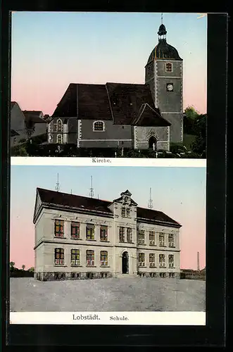 Goldfenster-AK Lobstädt, Schule und Kirche mit leuchtenden Fenstern