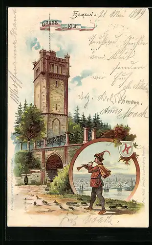 Lithographie Hameln, Klüt und Mann mit Flöte, Brücke