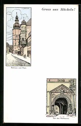 Künstler-AK Mücheln, Rathaus und Post, Tor des Rathauses