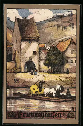 Steindruck-AK Frickenhausen a. M., Postkutsche auf der Main-Fähre