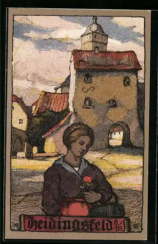 Steindruck-AK Heidingsfeld a. M., Hübsches Mädchen mit Rose am Stadttor
